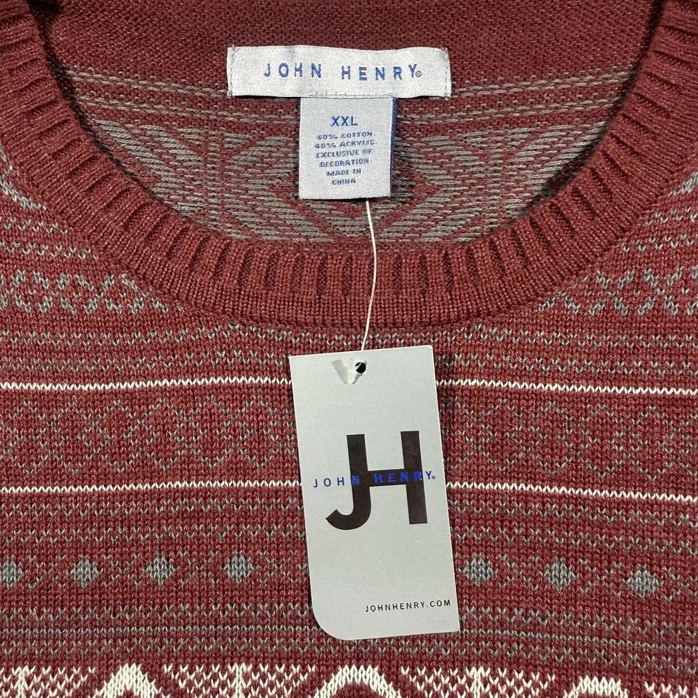 John Henry Sweater Mens 2XL Red Fair Isle Knit Crewneck Pullover Nordic